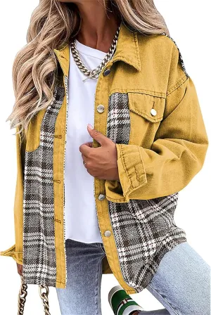Women's Oversized Denim Jacket Button Up Frayed Hem Shacket Long Sleeve Lapel Plaid Shirt Jacket Boyfriend Jean Jacket