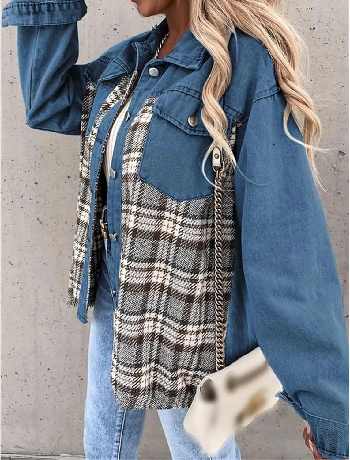 Women's Oversized Denim Jacket Button Up Frayed Hem Shacket Long Sleeve Lapel Plaid Shirt Jacket Boyfriend Jean Jacket