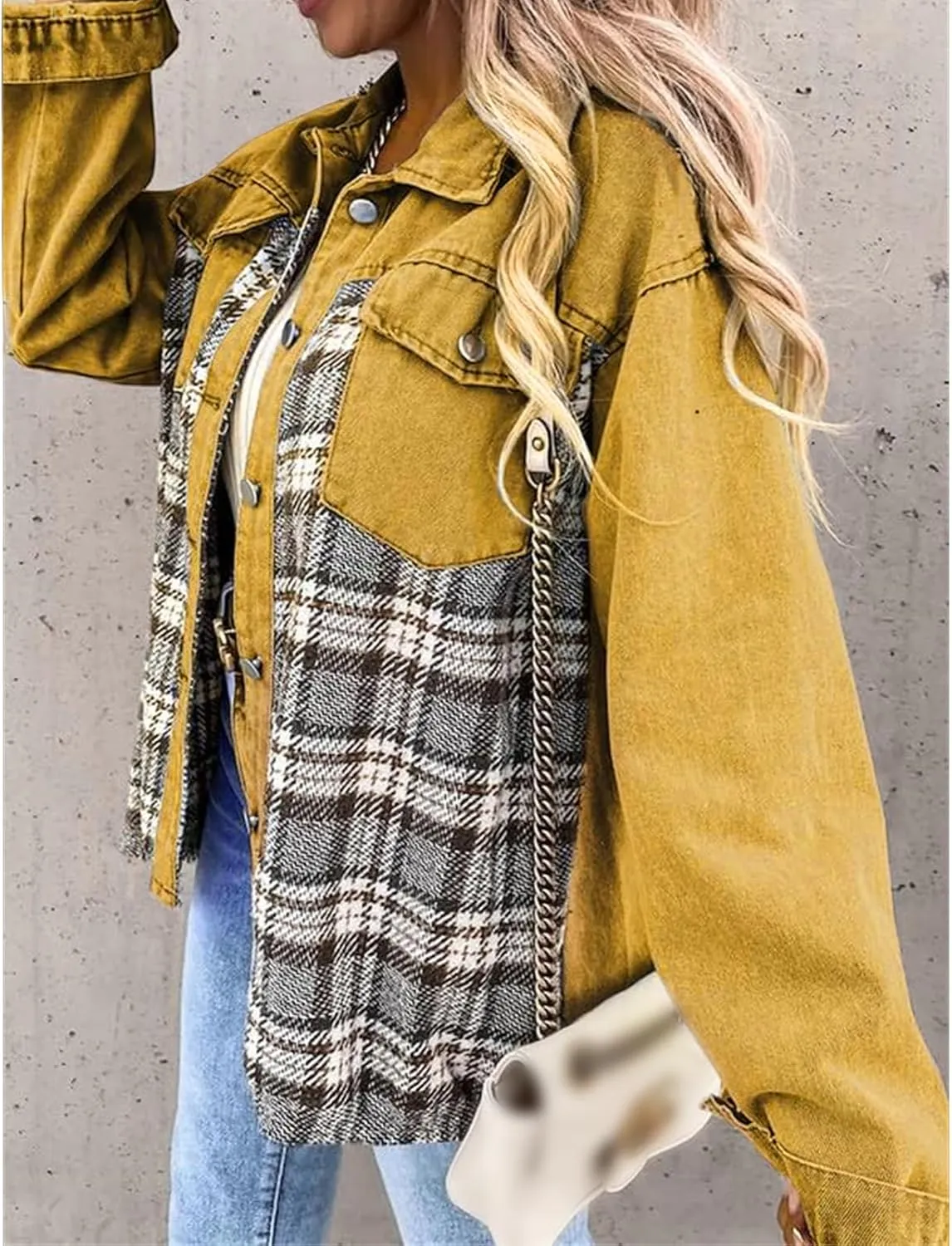 Women's Oversized Denim Jacket Button Up Frayed Hem Shacket Long Sleeve Lapel Plaid Shirt Jacket Boyfriend Jean Jacket