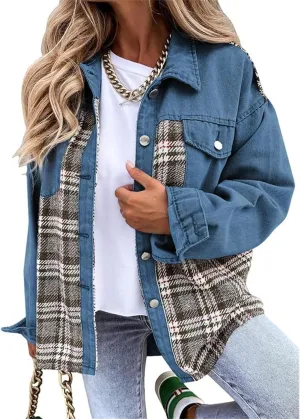 Women's Oversized Denim Jacket Button Up Frayed Hem Shacket Long Sleeve Lapel Plaid Shirt Jacket Boyfriend Jean Jacket