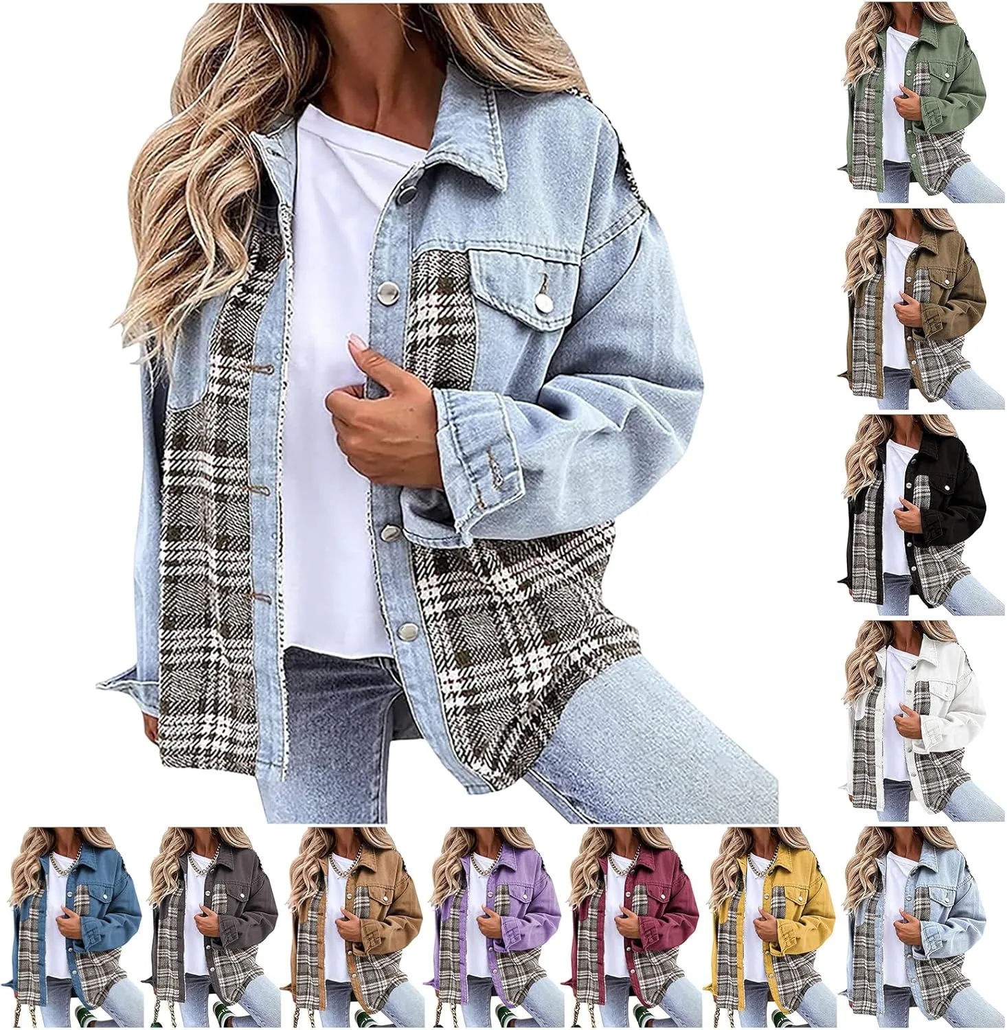 Women's Oversized Denim Jacket Button Up Frayed Hem Shacket Long Sleeve Lapel Plaid Shirt Jacket Boyfriend Jean Jacket