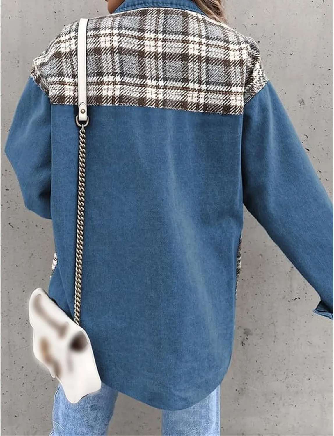 Women's Oversized Denim Jacket Button Up Frayed Hem Shacket Long Sleeve Lapel Plaid Shirt Jacket Boyfriend Jean Jacket
