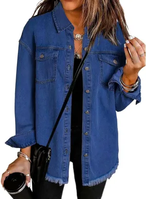 Women's Oversized Denim Jacket Casual Long Boyfriend Distressed Jean Jacket Long Sleeve Button Up Frayed Hem Shacket