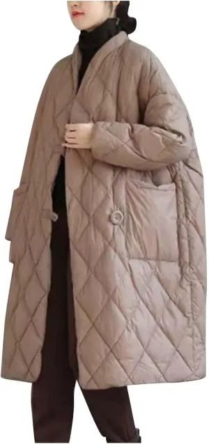 Women's Oversized Padded Puffer Quilted Jackets Button Up Lightweight Warm Padding Down Long Overcoats with Pockets