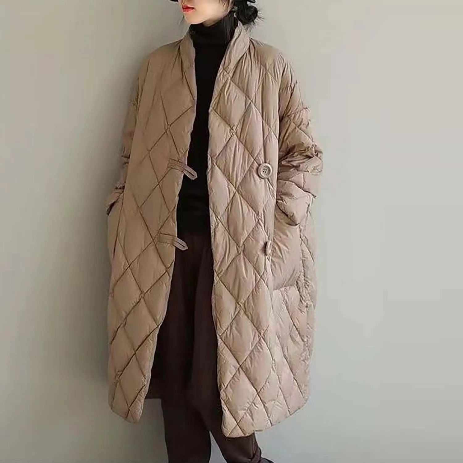 Women's Oversized Padded Puffer Quilted Jackets Button Up Lightweight Warm Padding Down Long Overcoats with Pockets