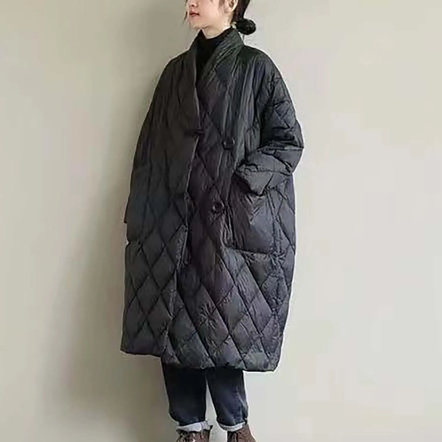 Women's Oversized Padded Puffer Quilted Jackets Button Up Lightweight Warm Padding Down Long Overcoats with Pockets