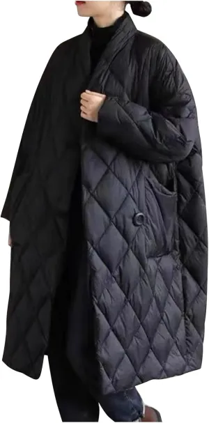 Women's Oversized Padded Puffer Quilted Jackets Button Up Lightweight Warm Padding Down Long Overcoats with Pockets