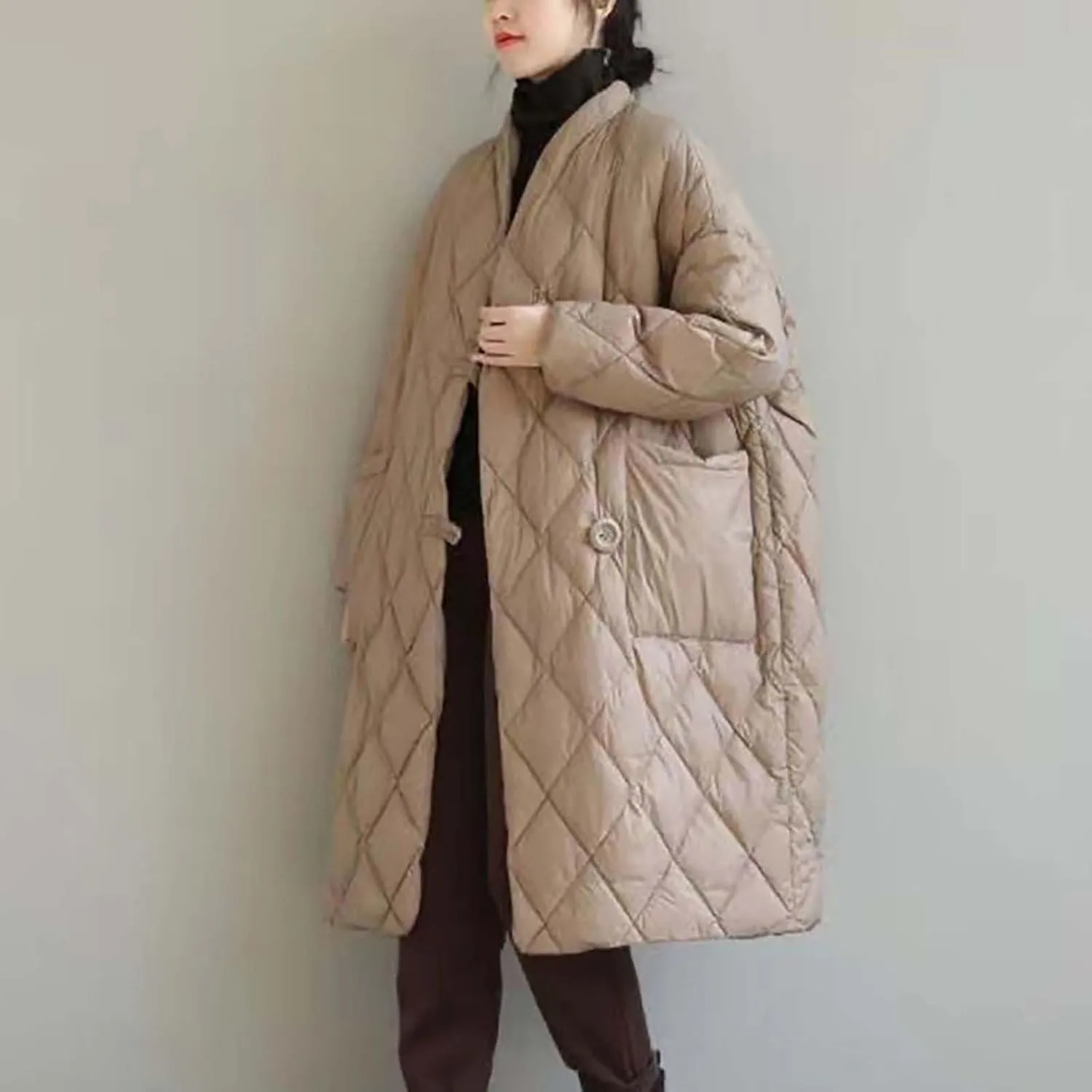 Women's Oversized Padded Puffer Quilted Jackets Button Up Lightweight Warm Padding Down Long Overcoats with Pockets