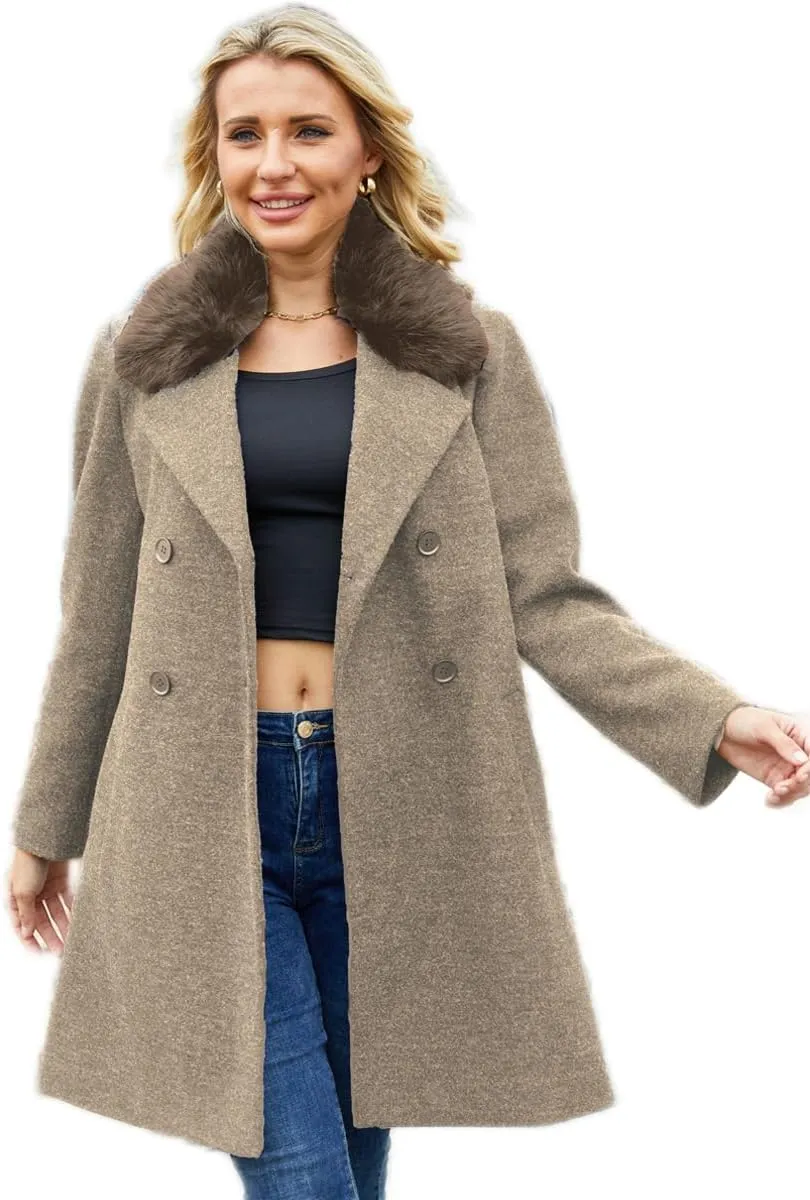 Womens Pea Coat Warm Double Breasted Wool Pea Coat Mid-Long Trench Coat Jacket Winter Lapel Jacket Outwear