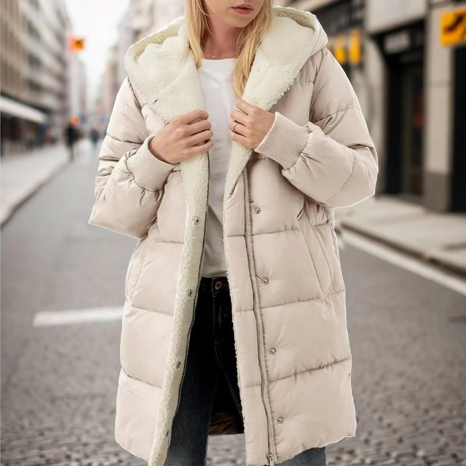 Women's Puffer Jacket Zipper Button Hooded Down Jacket Sherpa Fleece Lined Thickened Jacket Winter Warm Down Coat