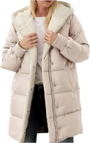 Women's Puffer Jacket Zipper Button Hooded Down Jacket Sherpa Fleece Lined Thickened Jacket Winter Warm Down Coat