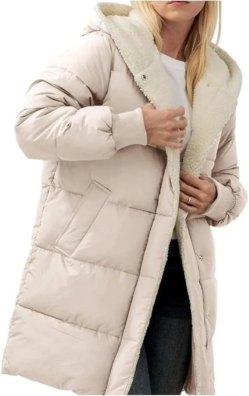 Women's Puffer Jacket Zipper Button Hooded Down Jacket Sherpa Fleece Lined Thickened Jacket Winter Warm Down Coat