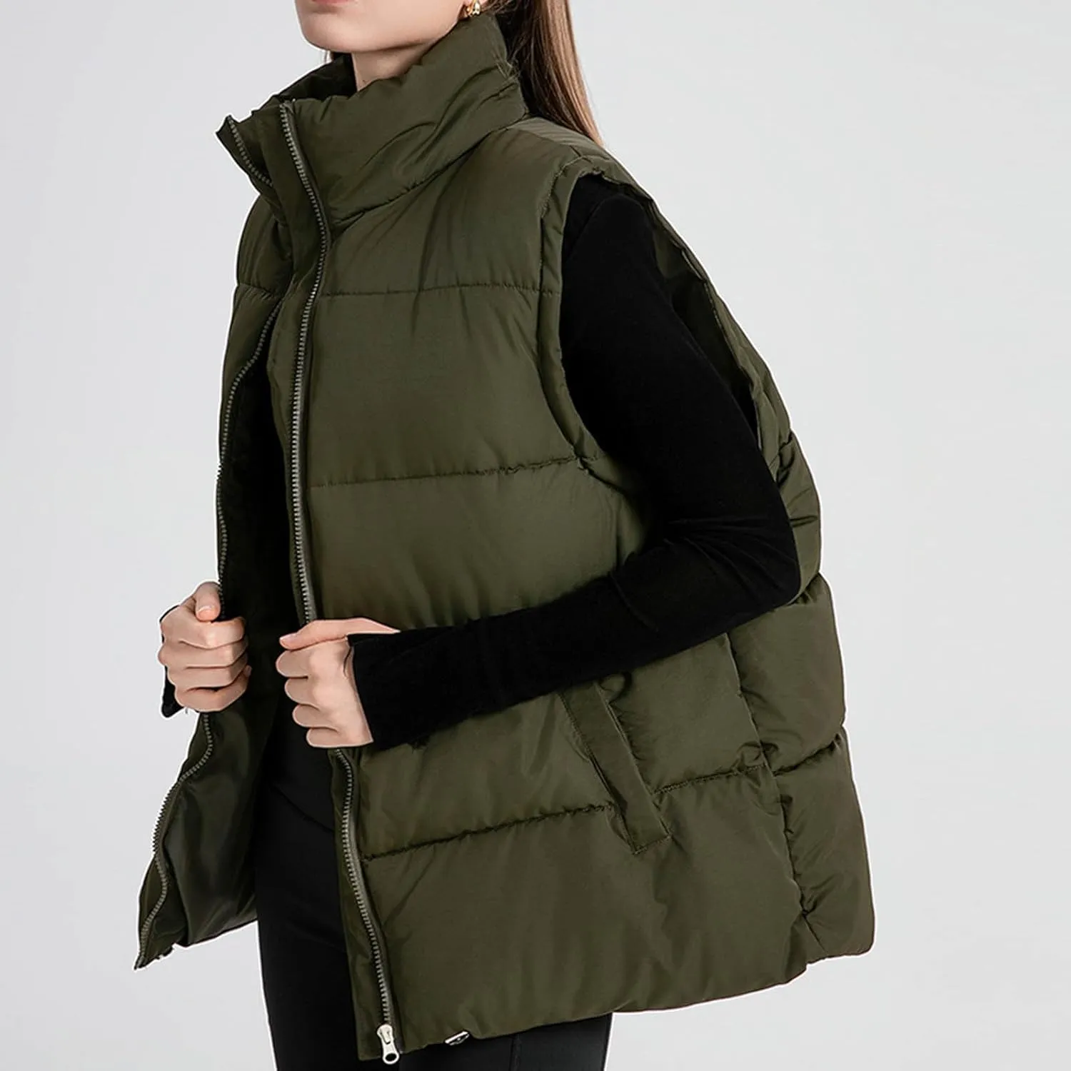 Women's Puffer Vest Sleeveless Lightweight Bomber Jacket Packable Sherpa Down Coat Warm Quilted Vest with Pocket