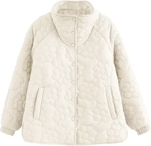 Womens Quilted Jacket Floral Print Cropped Quilted Coat Winter Warm Button Down Puffer Jacket Coat With Pockets