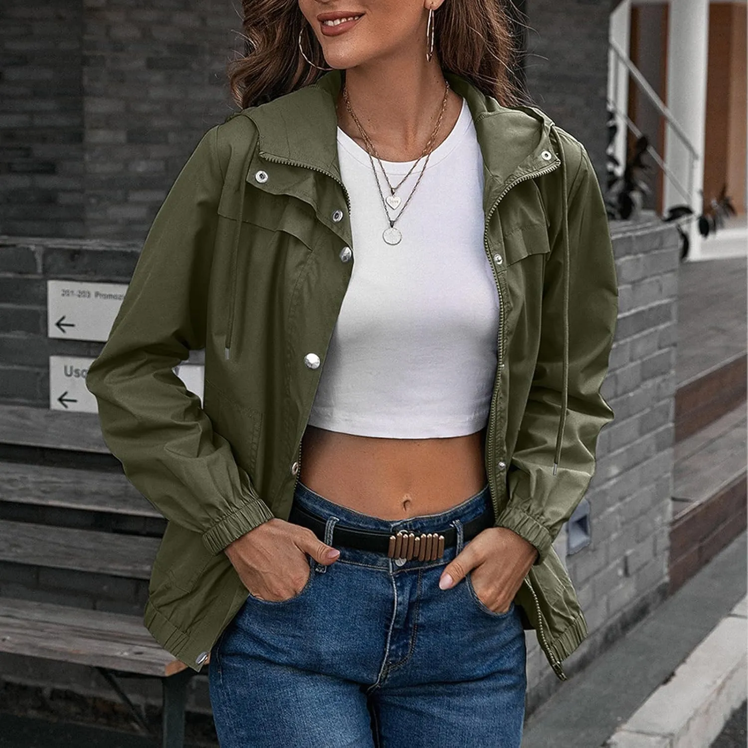 Womens Rain Jacket with Hood Waterproof Anorak Hooded Raincoat Long Sleeve Winter Warm Smooth Pocket Travel Spring