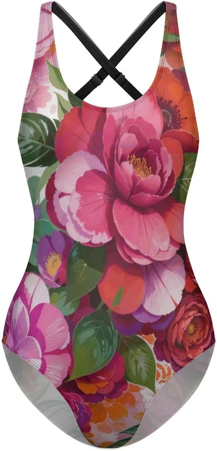 Women's Round Neck Indian-Paintbrush Flower High Cut One-Piece Swimsuit Tummy Control Backless