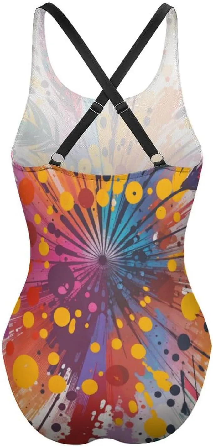 Women's Round Neck Indian-Paintbrush Flower High Cut One-Piece Swimsuit Tummy Control Backless