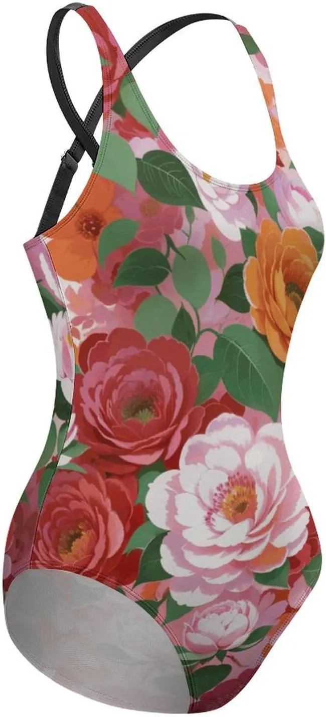 Women's Round Neck Indian-Paintbrush Flower High Cut One-Piece Swimsuit Tummy Control Backless