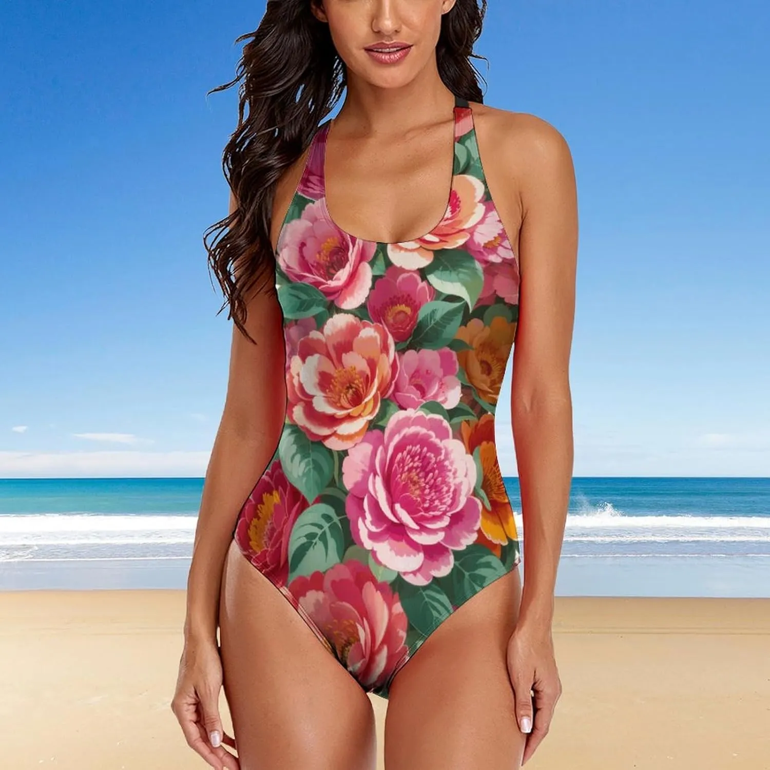 Women's Round Neck Indian-Paintbrush Flower High Cut One-Piece Swimsuit Tummy Control Backless