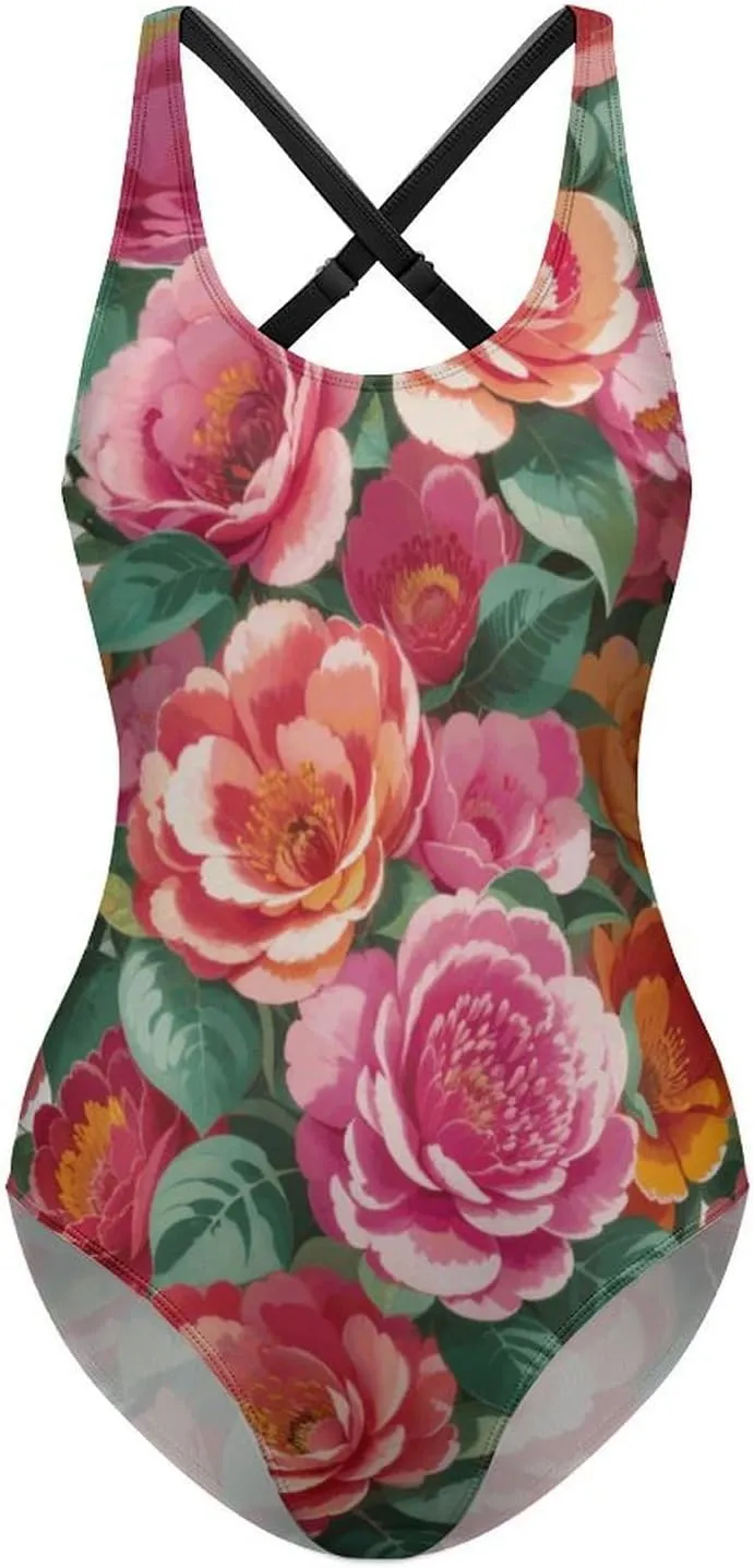 Women's Round Neck Indian-Paintbrush Flower High Cut One-Piece Swimsuit Tummy Control Backless