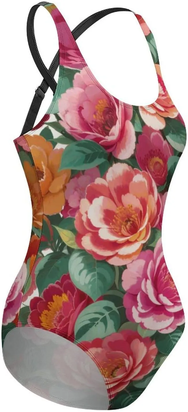 Women's Round Neck Indian-Paintbrush Flower High Cut One-Piece Swimsuit Tummy Control Backless