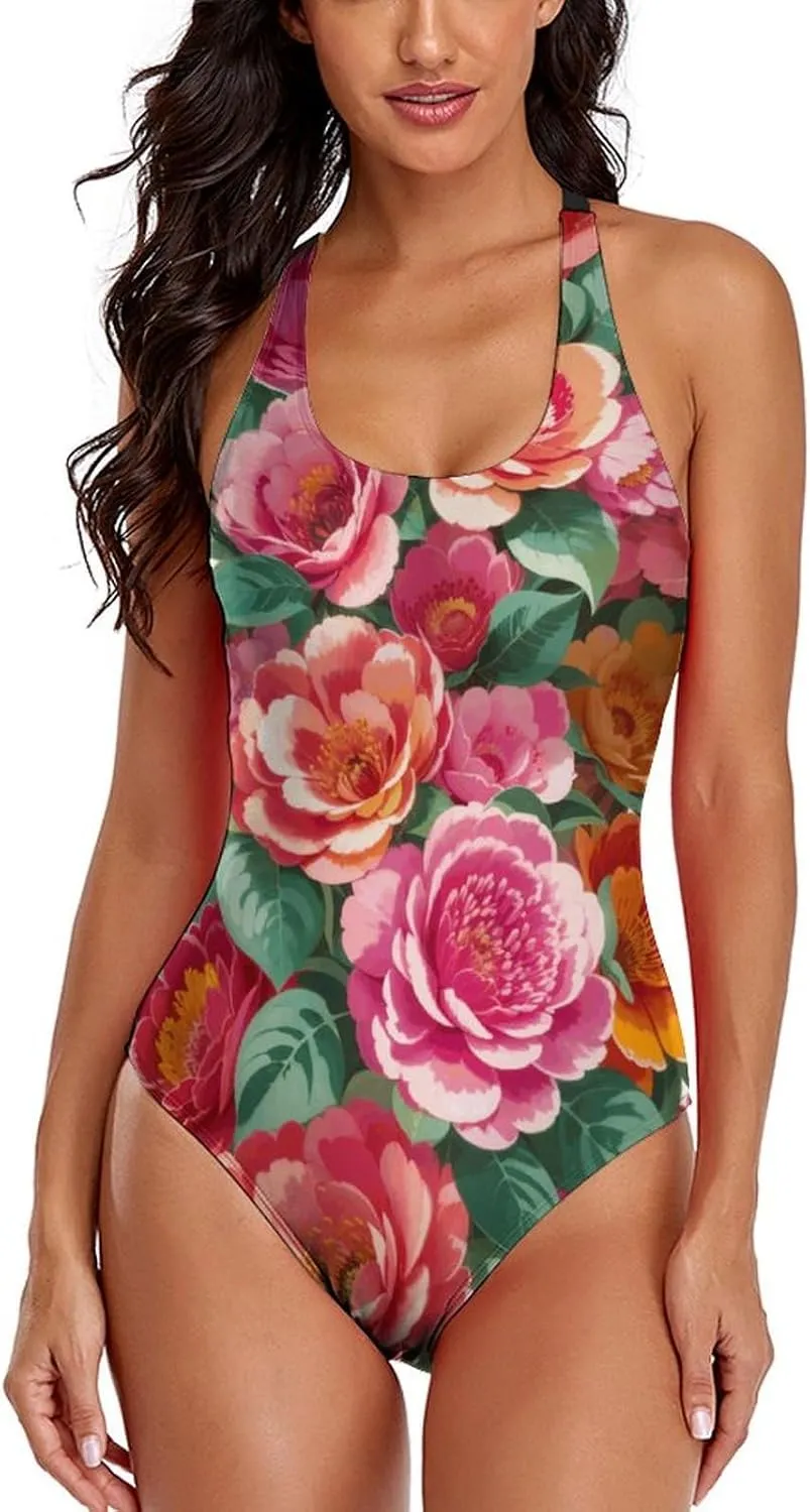 Women's Round Neck Indian-Paintbrush Flower High Cut One-Piece Swimsuit Tummy Control Backless