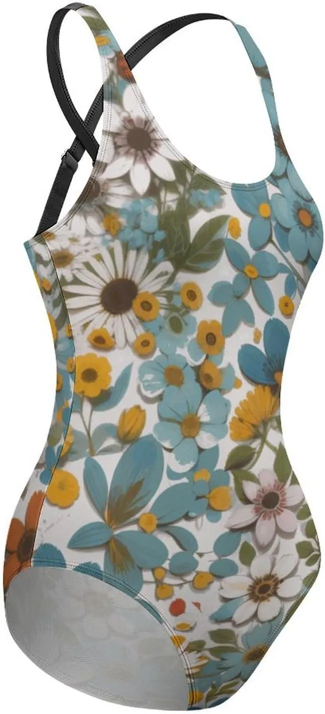Women's Round Neck Indian-Paintbrush Flower High Cut One-Piece Swimsuit Tummy Control Backless