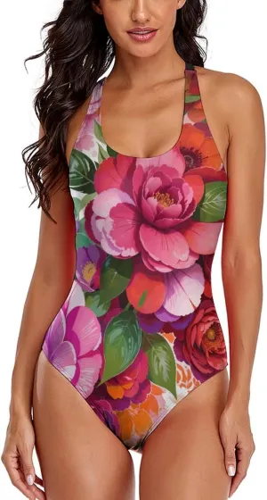 Women's Round Neck Indian-Paintbrush Flower High Cut One-Piece Swimsuit Tummy Control Backless