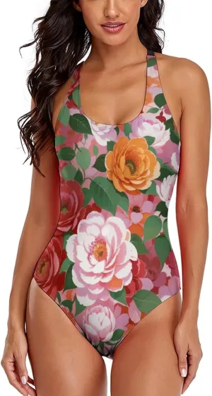 Women's Round Neck Indian-Paintbrush Flower High Cut One-Piece Swimsuit Tummy Control Backless