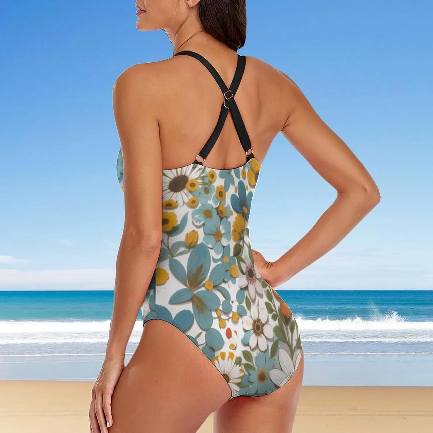 Women's Round Neck Indian-Paintbrush Flower High Cut One-Piece Swimsuit Tummy Control Backless