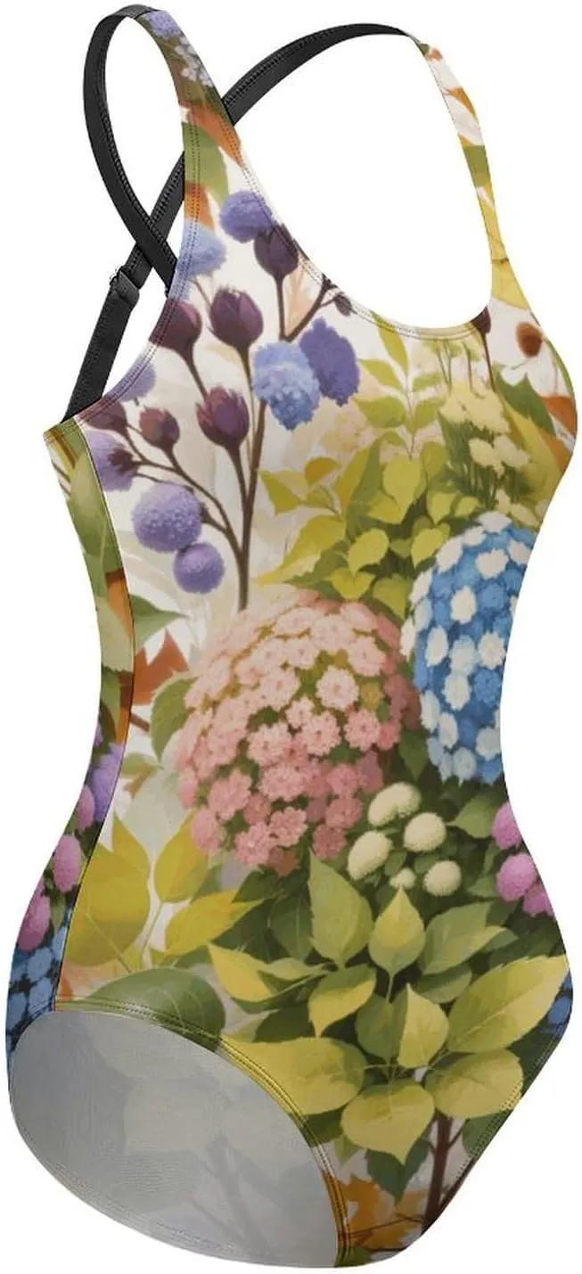 Women's Round Neck Indian-Paintbrush Flower High Cut One-Piece Swimsuit Tummy Control Backless