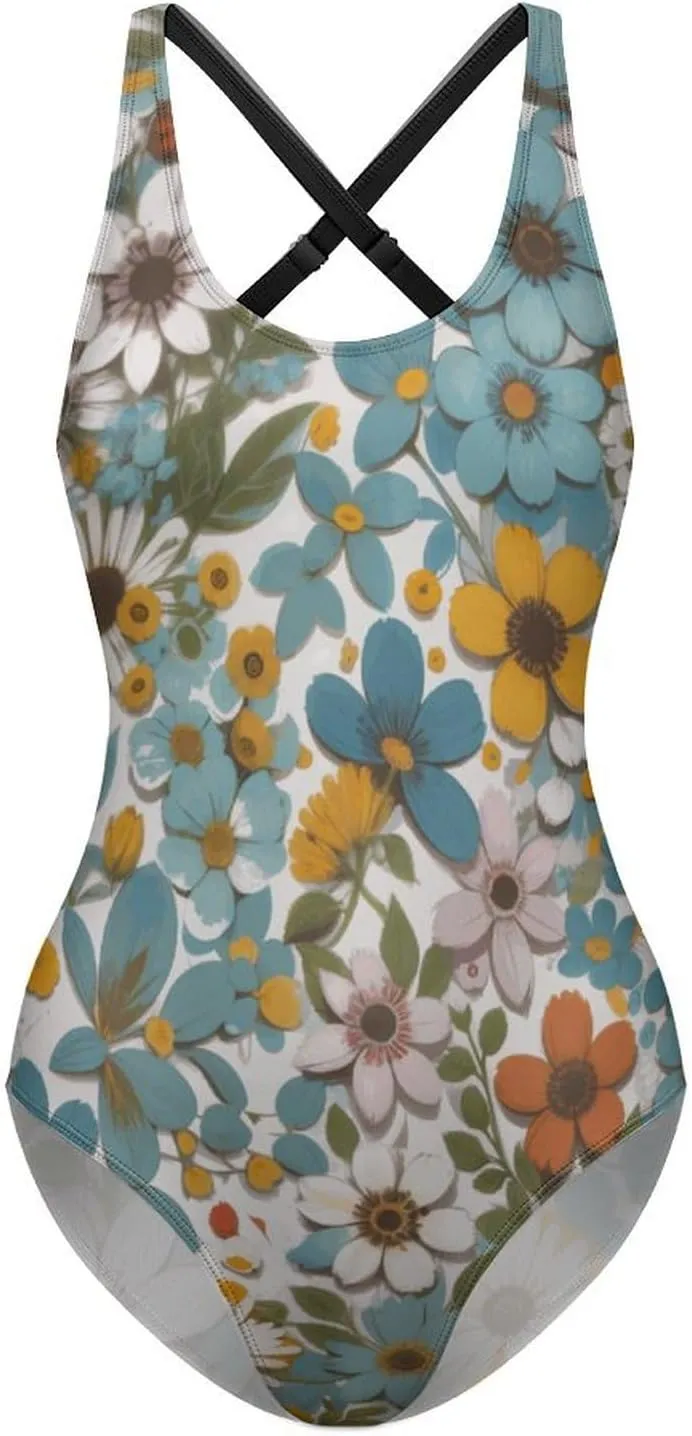 Women's Round Neck Indian-Paintbrush Flower High Cut One-Piece Swimsuit Tummy Control Backless