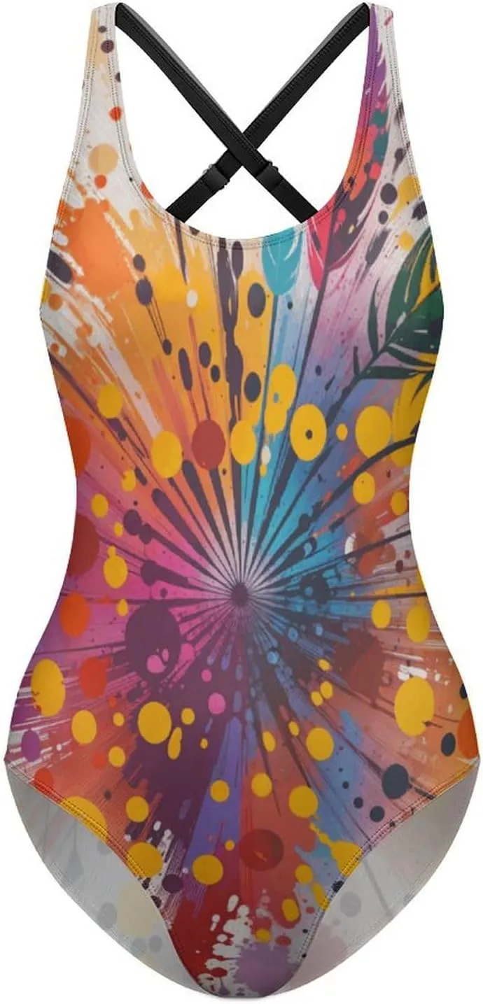 Women's Round Neck Indian-Paintbrush Flower High Cut One-Piece Swimsuit Tummy Control Backless