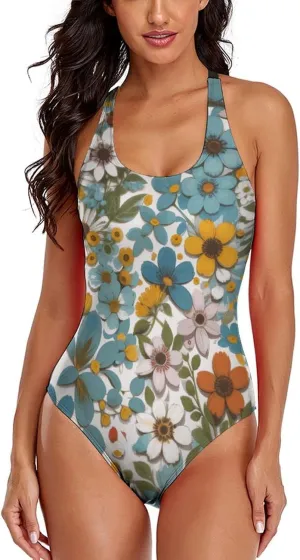 Women's Round Neck Indian-Paintbrush Flower High Cut One-Piece Swimsuit Tummy Control Backless