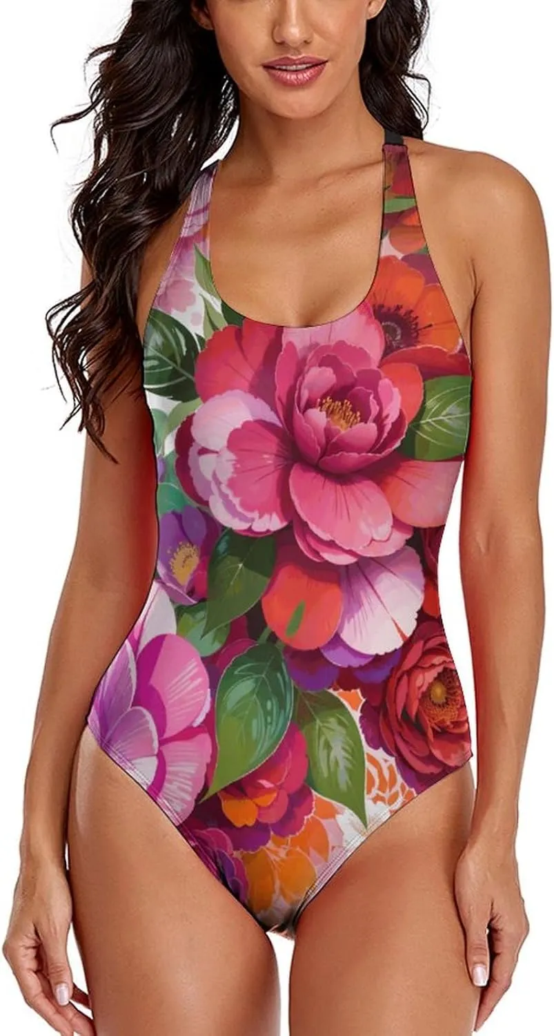 Women's Round Neck Indian-Paintbrush Flower High Cut One-Piece Swimsuit Tummy Control Backless