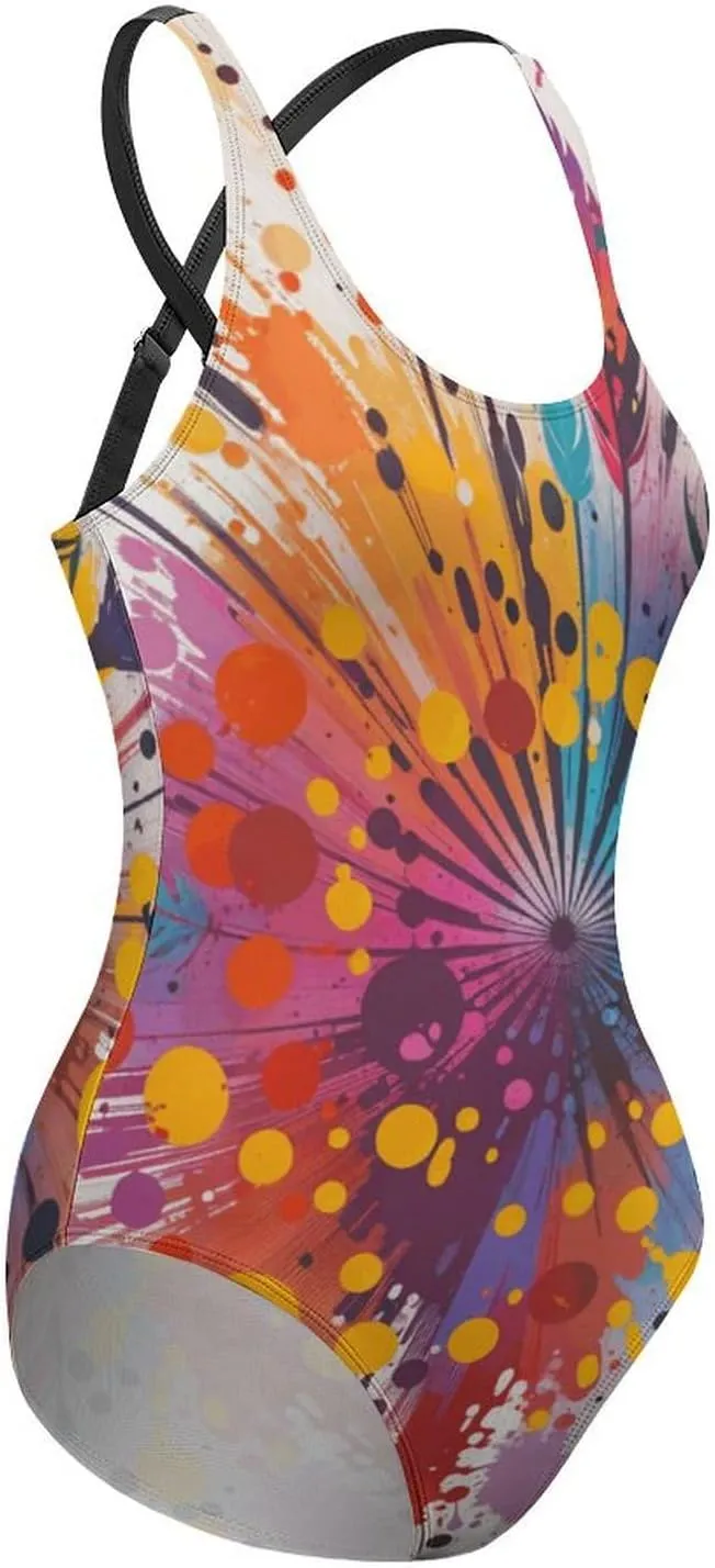 Women's Round Neck Indian-Paintbrush Flower High Cut One-Piece Swimsuit Tummy Control Backless