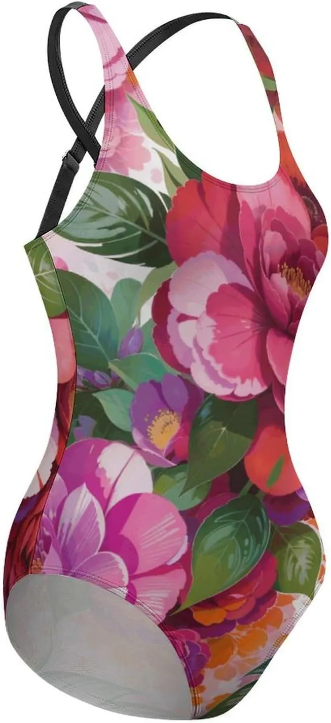 Women's Round Neck Indian-Paintbrush Flower High Cut One-Piece Swimsuit Tummy Control Backless