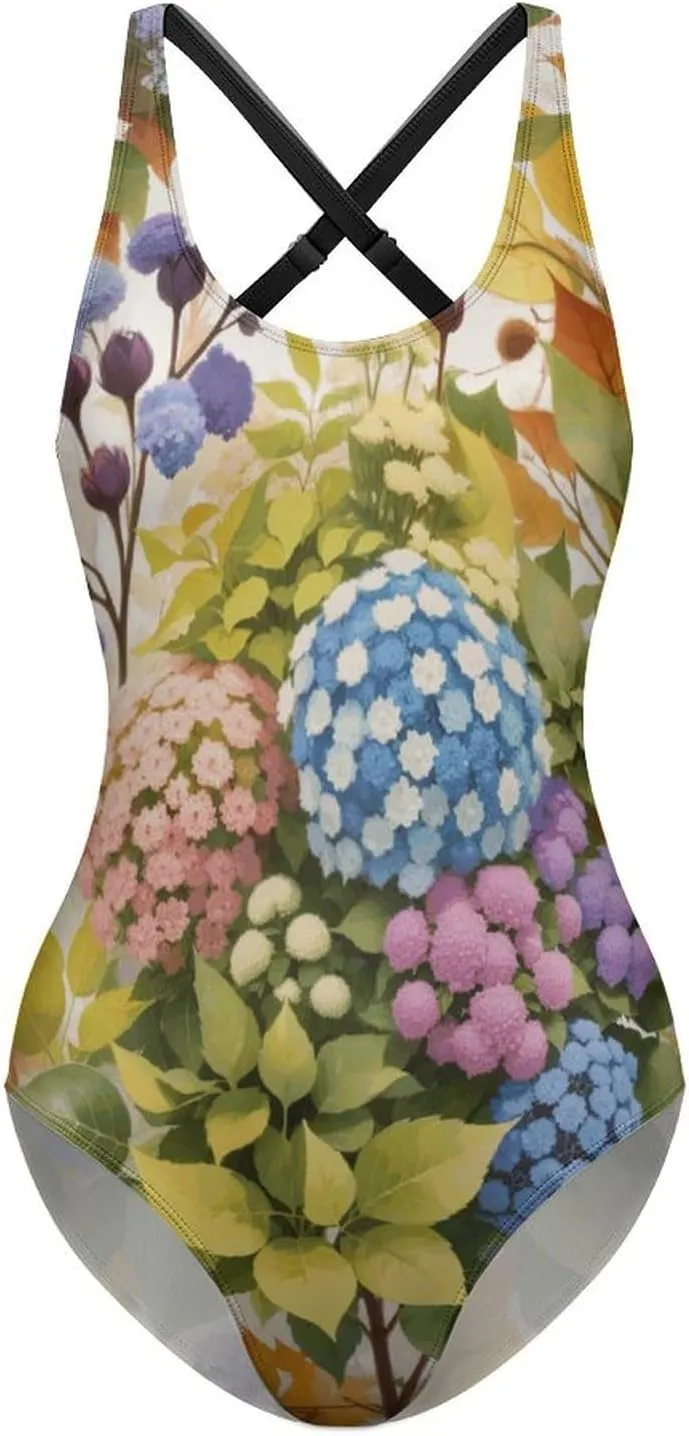 Women's Round Neck Indian-Paintbrush Flower High Cut One-Piece Swimsuit Tummy Control Backless