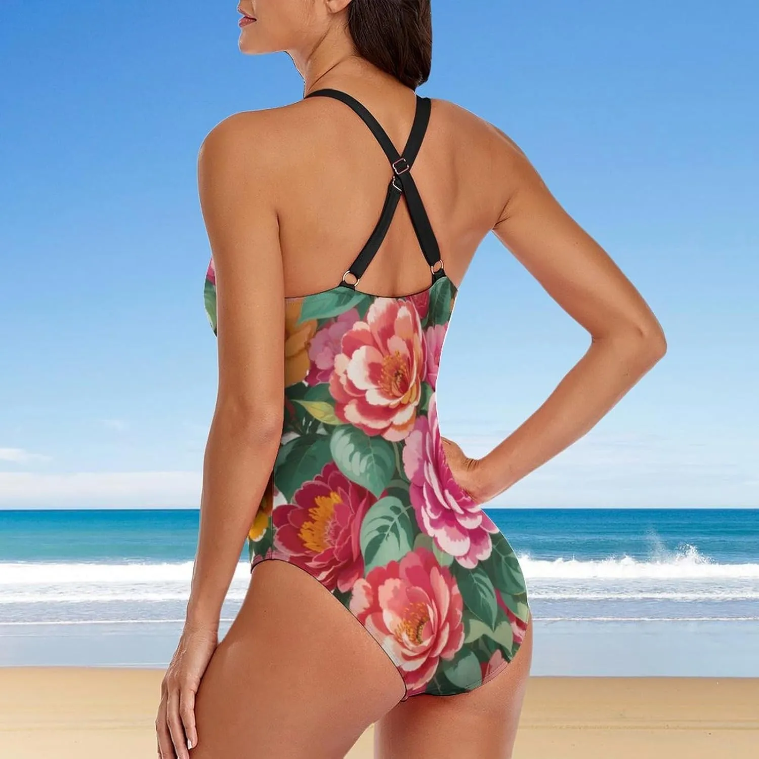Women's Round Neck Indian-Paintbrush Flower High Cut One-Piece Swimsuit Tummy Control Backless