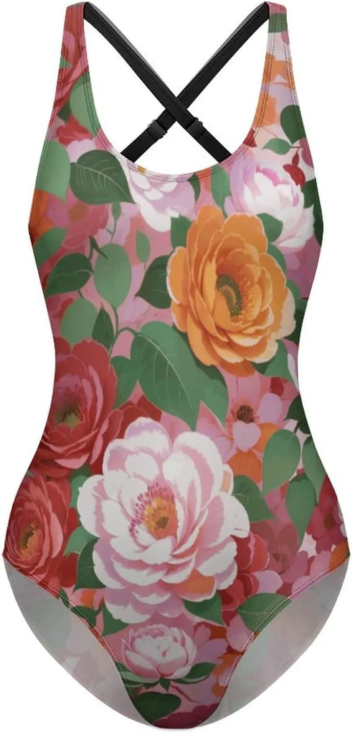 Women's Round Neck Indian-Paintbrush Flower High Cut One-Piece Swimsuit Tummy Control Backless