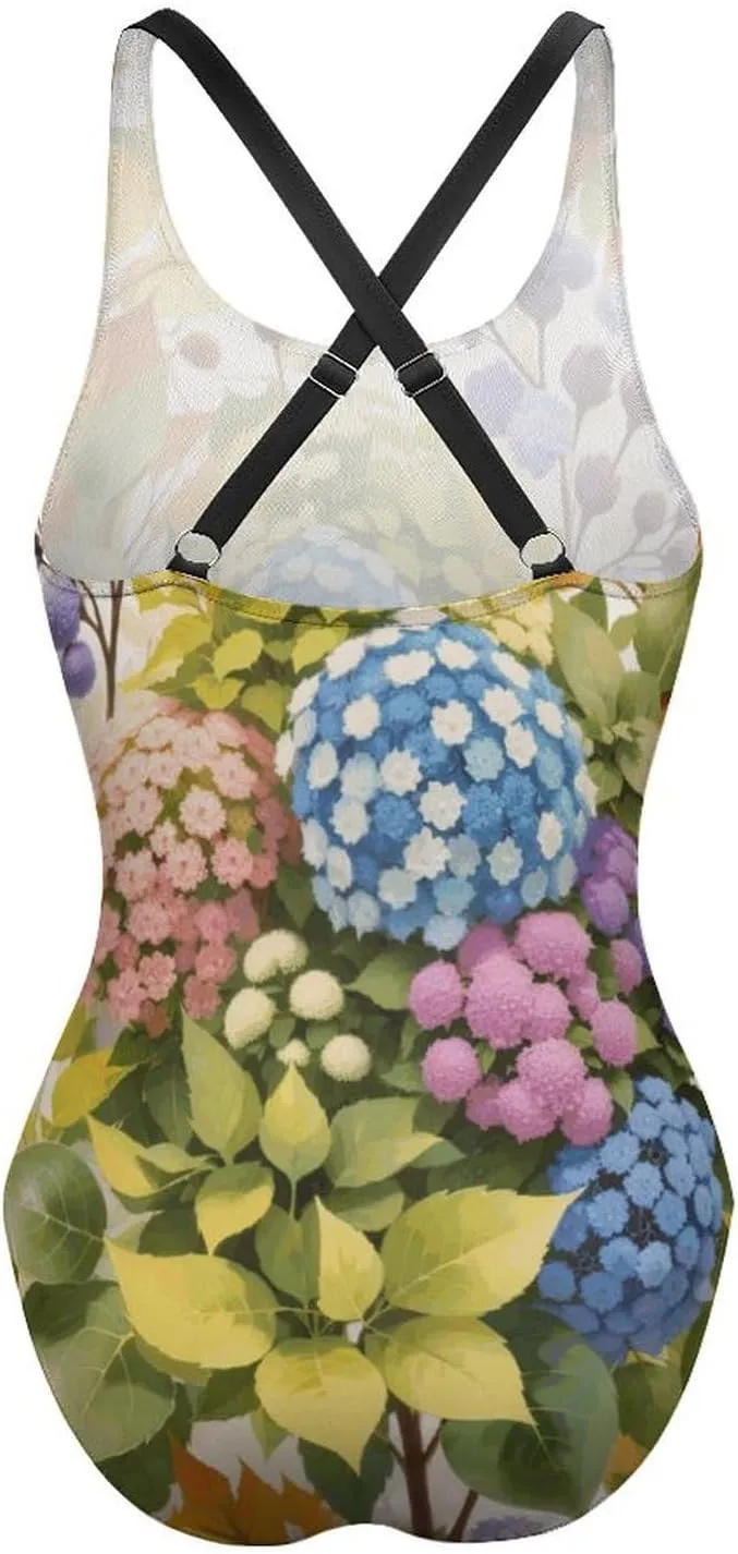 Women's Round Neck Indian-Paintbrush Flower High Cut One-Piece Swimsuit Tummy Control Backless