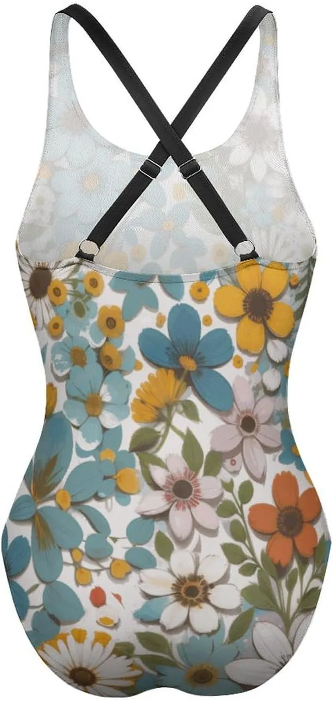 Women's Round Neck Indian-Paintbrush Flower High Cut One-Piece Swimsuit Tummy Control Backless