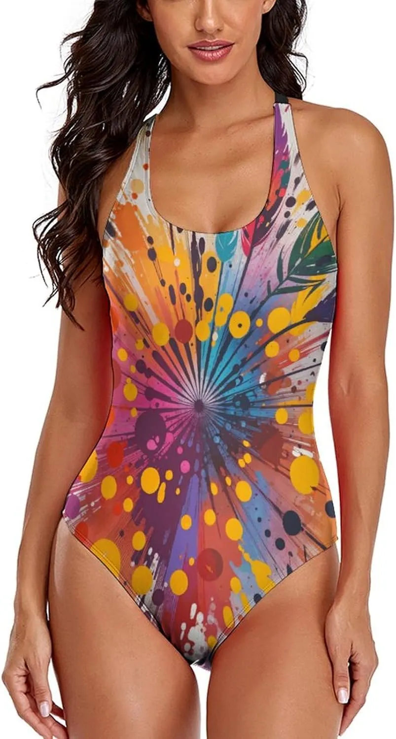 Women's Round Neck Indian-Paintbrush Flower High Cut One-Piece Swimsuit Tummy Control Backless