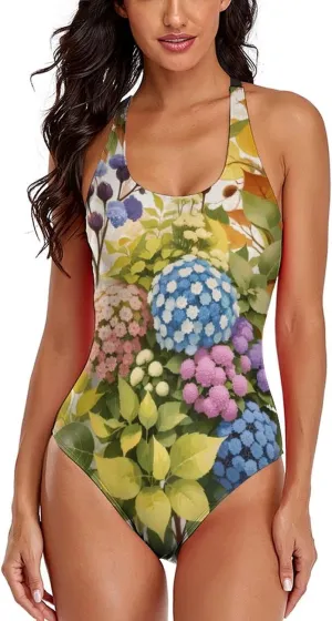 Women's Round Neck Indian-Paintbrush Flower High Cut One-Piece Swimsuit Tummy Control Backless