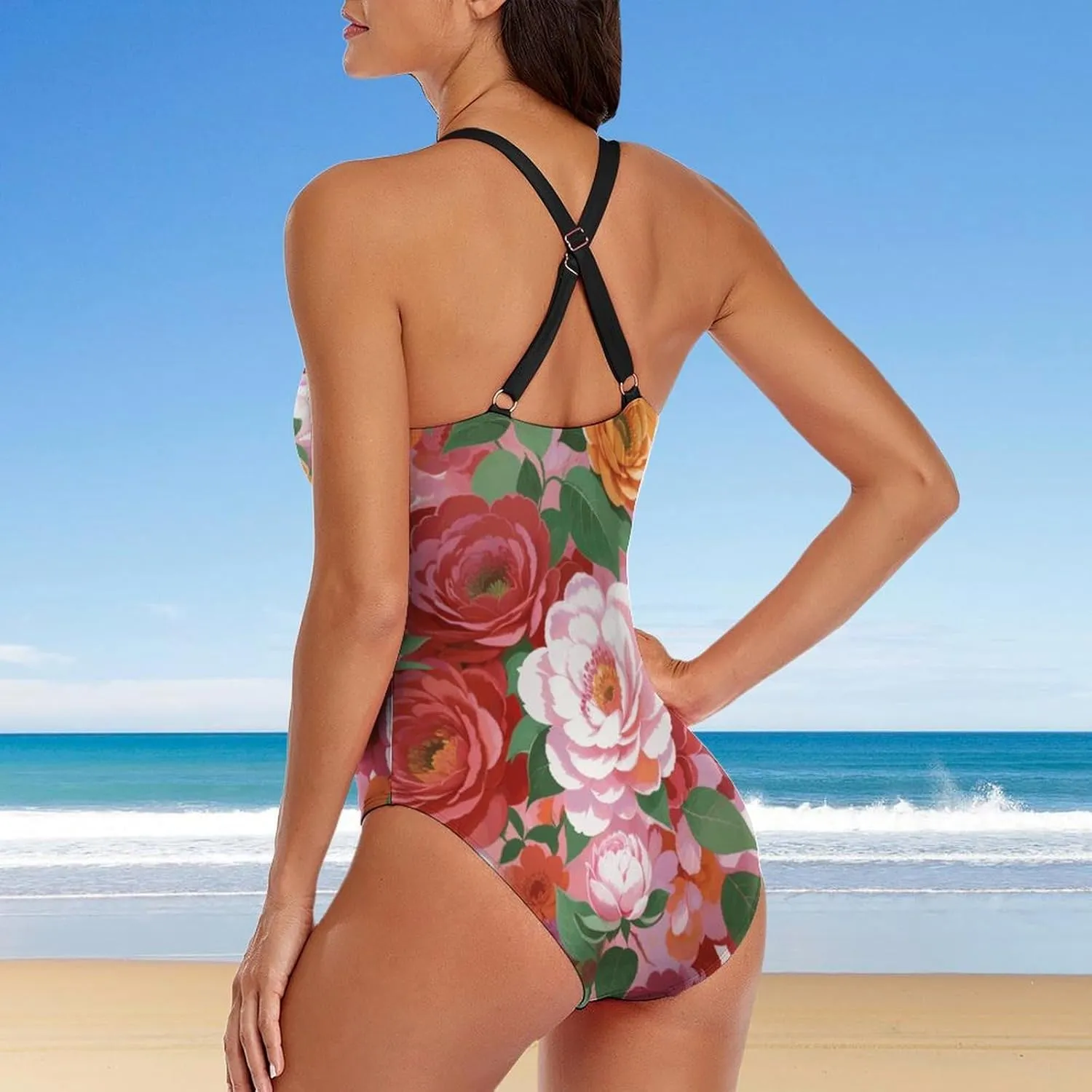Women's Round Neck Indian-Paintbrush Flower High Cut One-Piece Swimsuit Tummy Control Backless