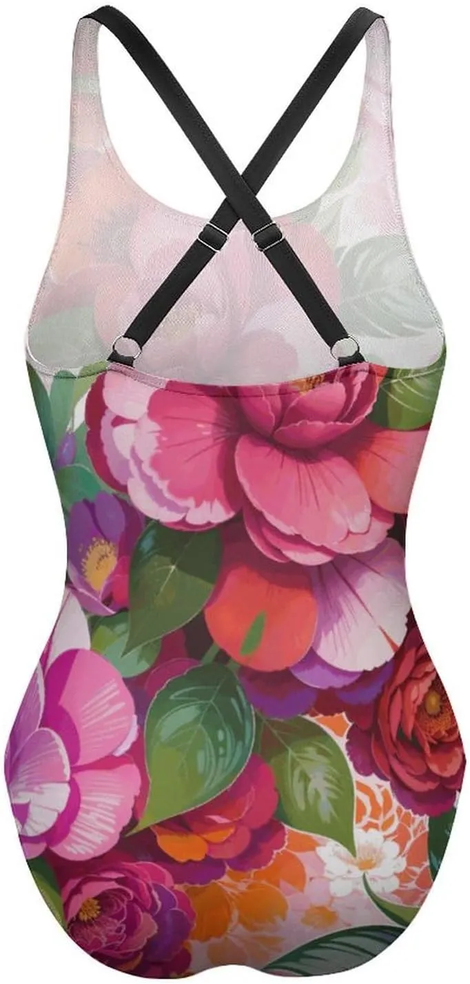Women's Round Neck Indian-Paintbrush Flower High Cut One-Piece Swimsuit Tummy Control Backless