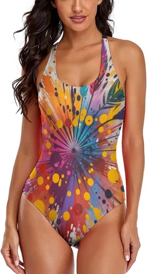 Women's Round Neck Indian-Paintbrush Flower High Cut One-Piece Swimsuit Tummy Control Backless