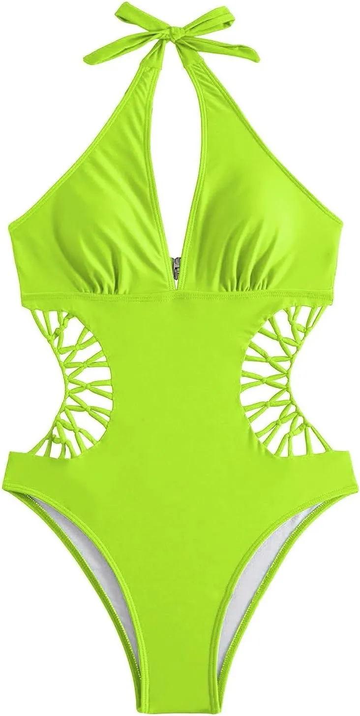 Women's Sexy Cutout One Piece Swimsuits Plunge High V Neck Halter Bathing Suits Cheeky Backless Monokini Swimwear