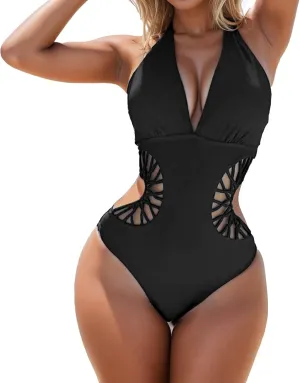 Women's Sexy Cutout One Piece Swimsuits Plunge High V Neck Halter Bathing Suits Cheeky Backless Monokini Swimwear