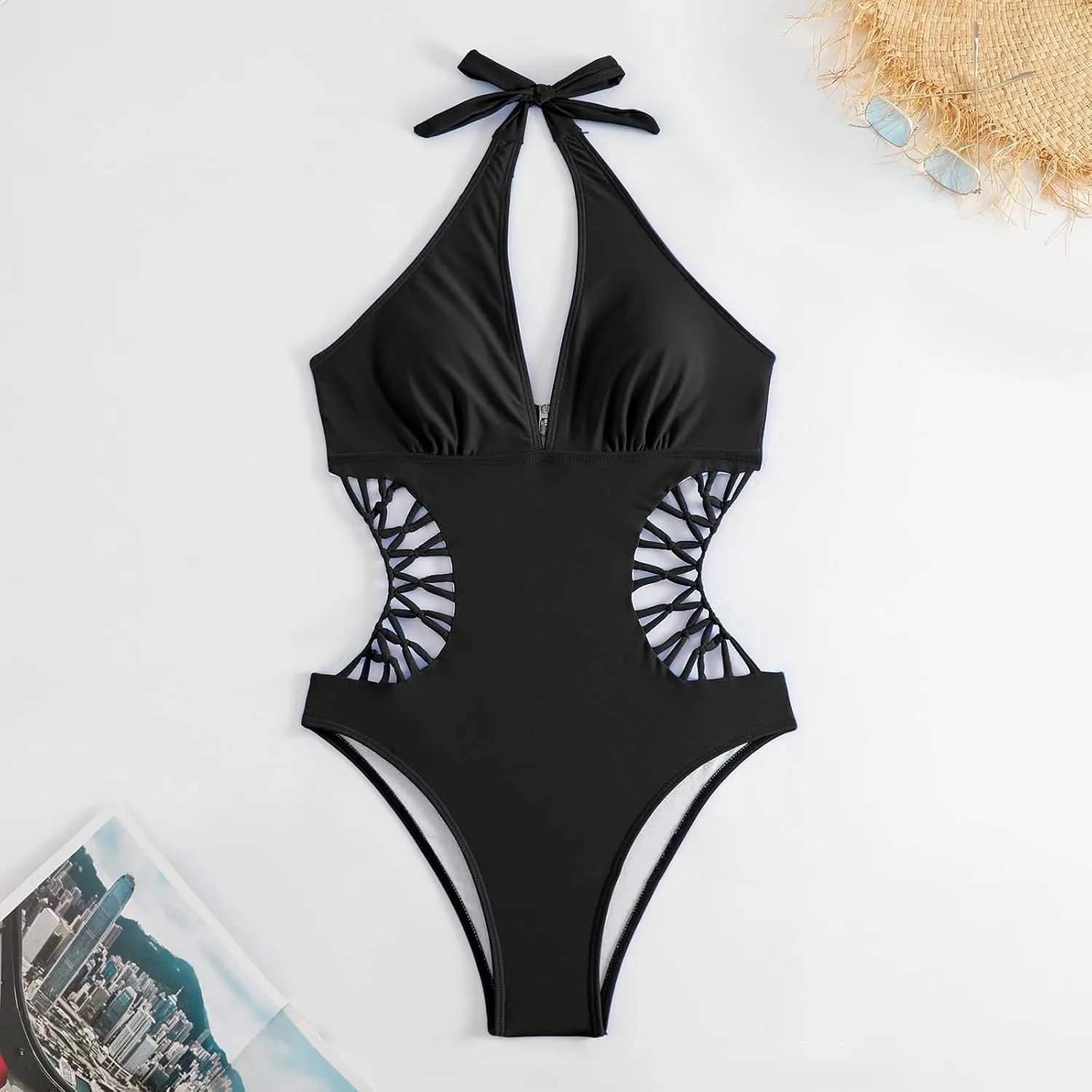 Women's Sexy Cutout One Piece Swimsuits Plunge High V Neck Halter Bathing Suits Cheeky Backless Monokini Swimwear